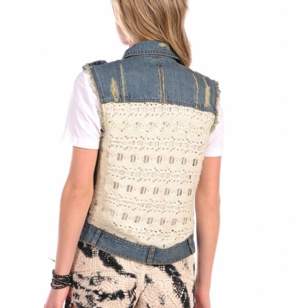 Vintage Havana Girls Denim + Crochet Vest L 12-14